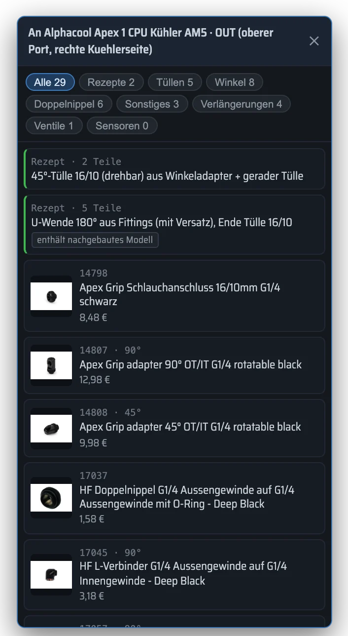 Auswahlfenster am Anschluss eines CPU-Kühlers: nur passende Teile, sortiert nach Tüllen, Winkeln, Verlängerungen und Doppelnippeln, mit Artikelnummer und Preis