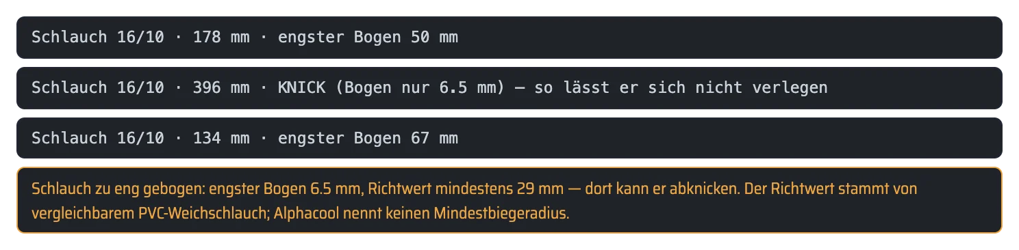 Hinweise aus dem Planer: je Schlauch Länge und engster Bogen, darunter gelb die Warnung „Schlauch zu eng gebogen: engster Bogen 6,5 mm, Richtwert mindestens 29 mm“